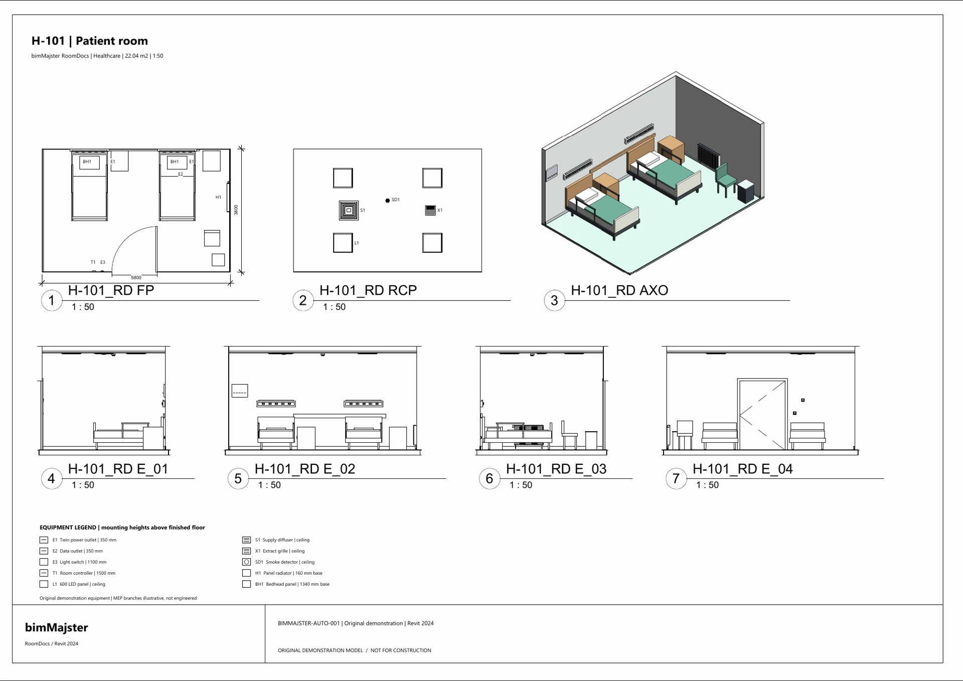 RoomDocs: vollständiges Planblatt eines Patientenzimmers mit Grundriss, Deckenplan, Axonometrie, vier Wandansichten und Legende